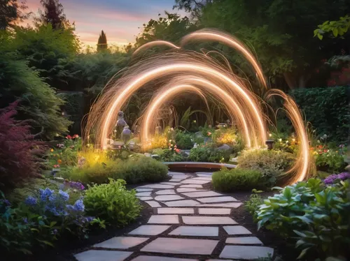 Create a peaceful and calming scene involving aminocyclopropane in a garden.,landscape lighting,semi circle arch,fire ring,cherry sparkler fountain grass,long exposure light,light art,light painting,d