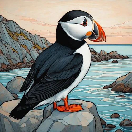 atlantic puffin,puffins,puffin,seabird,bird painting,coastal bird,rock penguin,galliformes,chinstrap penguin,david bates,tux,colored pencil background,antarctic bird,sea swallow,pied triller,anthropomorphized animals,seabirds,birds of the sea,western striped albatros,helgoland,Illustration,Japanese style,Japanese Style 15