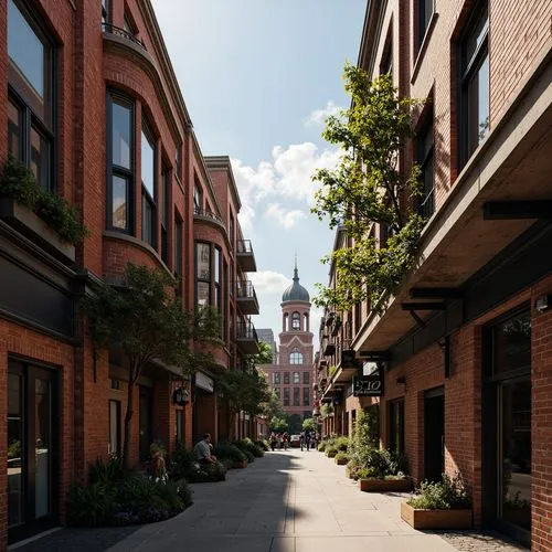 Historic urban landscape, traditional brick buildings, ornate facades, rustic textures, earthy tones, industrial heritage, vintage street lamps, bustling city streets, modern urban revitalization, exp