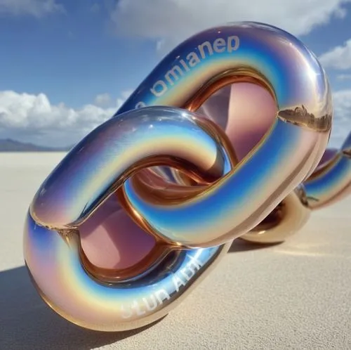 the sculpture has a large chain of metal in its center,inflatable ring,sousaphone,cinema 4d,koons,colorful ring,renderman,Photography,General,Realistic