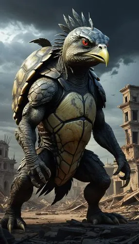 An intriguing concept art of a unique hybrid creature, combining the features of a turtle, cat, and chicken. The creature has a vicious, ferocious expression with sharp fangs and piercing eyes. It is 