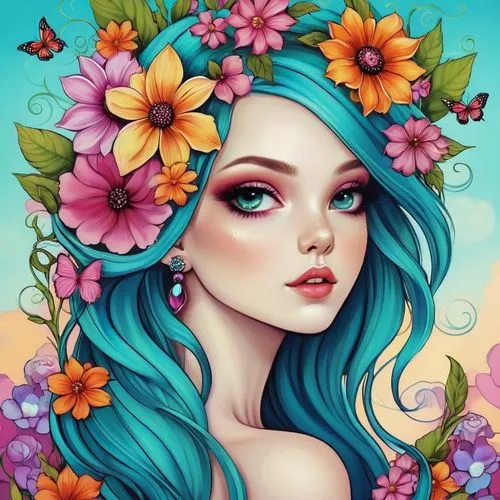 girl in flowers,floral background,boho art style,beautiful girl with flowers,flower background,flower fairy,colorful floral,boho art,flora,mermaid background,flower illustrative,viveros,flower painting,diwata,flower girl,cartoon flowers,cartoon flower,flower wall en,colorful background,retro flowers,Illustration,Abstract Fantasy,Abstract Fantasy 10