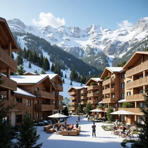 Eco-friendly ski center, snow-capped mountains, wooden chalets, rustic charm, energy-efficient apartments, solar panels, green roofs, recycled materials, minimalist decor, natural textiles, earthy col