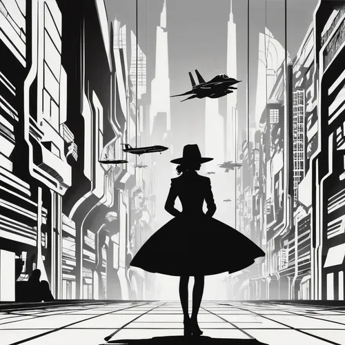 transistor,dance silhouette,ballroom dance silhouette,film noir,black city,wonder woman city,mary poppins,silhouette dancer,hatter,art deco background,art deco woman,woman silhouette,sillhouette,metropolis,mouse silhouette,manhattan,perfume bottle silhouette,silhouette art,art silhouette,the silhouette,Illustration,Black and White,Black and White 31