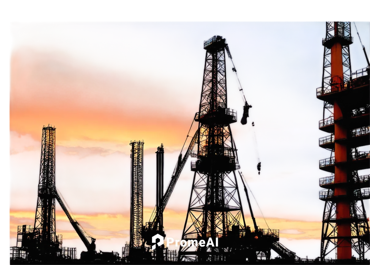 Industrial oil rig, sunset background, metallic structure, rusted pipes, complex machinery, drilling equipment, towering crane, safety fences, workers in hard hats, orange vests, gloves, realistic det