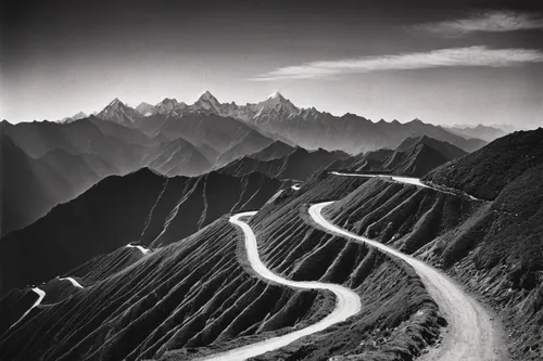 alpine route,steep mountain pass,stelvio,winding road,the pamir highway,winding roads,mountain highway,mountain road,mountain pass,stelvio yoke,mont blanc,everest region,the pamir mountains,road to nowhere,road of the impossible,high alps,piste,alpine drive,valley of death,roads,Photography,Black and white photography,Black and White Photography 11