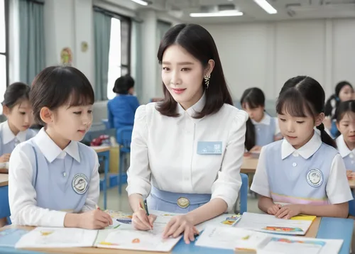 Picture Lee Ji Eun as a caring philanthropist, going above and beyond to provide education for underprivileged children.,primary school student,children learning,classroom training,kindergarten,school