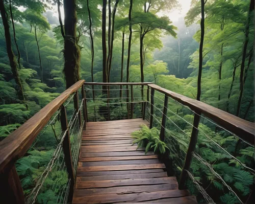 elevated wooden platforms, forest setting, lush greenery, towering trees, moss-covered, rope bridges, treehouses, wooden stairs, nature observation deck, serene atmosphere, dappled sunlight, misty air