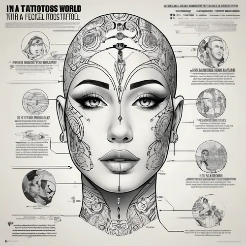 In a futuristic world, facial tattoos are an expression of rebellion and individuality.,cybernetics,cd cover,anatomical,prosthetics,sci fiction illustration,acupuncture,doll's facial features,human an