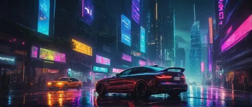 Modern skyscraper, futuristic cityscape, sleek glass facade, metallic accents, neon lights, bustling streets, blurred car headlights, rainy night, misty atmosphere, 1/3 composition, low-angle shot, ci