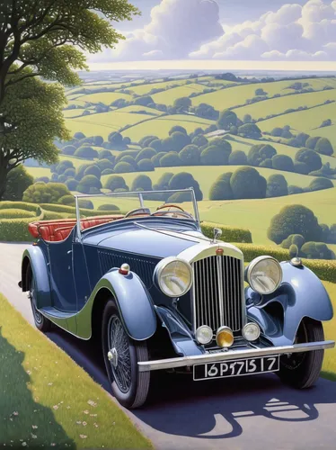 Describe a peaceful countryside drive in a Lagonda,jaguar c-type,jaguar xk120,jaguar xk140,jaguar xk150,bugatti type 57s atalante number 57502,austin-healey 3000,austin-healey 100,morgan aero 8,bmw 32