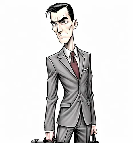 The G-Man, Half-Life, tall, thin physique, pale skin, slightly crooked facial structure, prominent widow's peak, black hair styled in a crew cut, pale eyes, gray suit, holding briefcase, Fleischer Stu