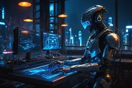 AI assistant, futuristic, cyborg, robotic arms, glowing blue circuits, neon lights, virtual reality headset, high-tech laboratory, metal tables, wires, motherboards, screens, holographic projections, 