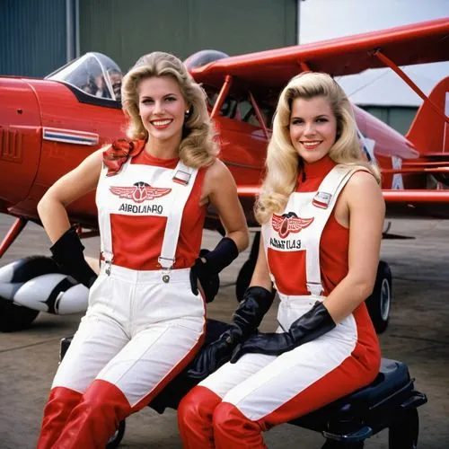 Two gorgeous female airshow pilots in elaborate mid-red jet fighter overalls with black decorations and Shell advertisment, with eloborate flight gear, blonde and dark-brown 1980s hairdo each, sitting