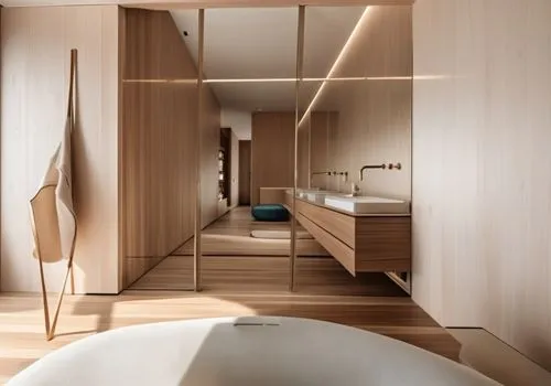 glass bathroom mirror woodpanelling kitchen salon apartment people wooden floor bright spotlight summer sunlight white ceiling,a bathroom with a tub and sink in it,modern minimalist bathroom,luxury ba