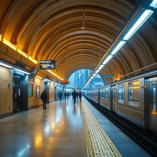 Vibrant underground space, modern metro station architecture, bright LED lighting, sleek metallic accents, warm beige tones, calming blue hues, energetic yellow highlights, urban cityscape views, busy