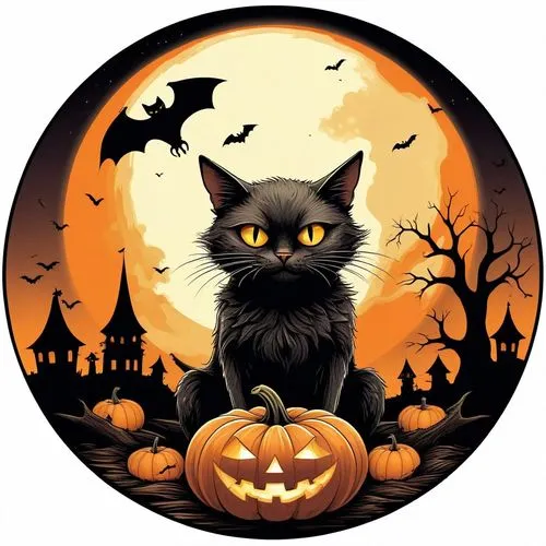 a cat sitting in front of a full moon with bats,halloween cat,halloween vector character,halloween illustration,halloween black cat,samhain,halloween background