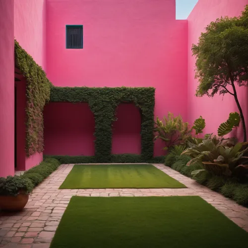 Design a 2D courtyard inspired by Luis Barragán with his iconic use of color. Picture a serene courtyard characterized by vibrant pink walls, complemented by lush greenery and water features. The arch