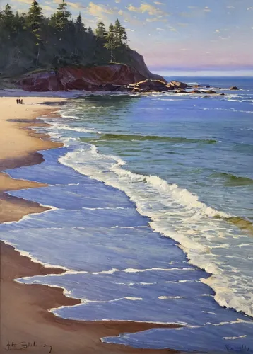 Beach Painting - Butler Beach Morning by Jim Christley,beach landscape,coastal landscape,maine,mountain beach,northeast beach,cliff beach,sunrise beach,sand coast,sea landscape,navajo bay,landscape wi