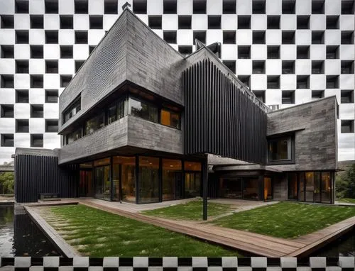 designed by frank Lloyd wright, black facade, concrete, glass,cube house,modern architecture,cubic house,checkered floor,modern house,checkerboard,geometric style,black cut glass,contemporary,black an