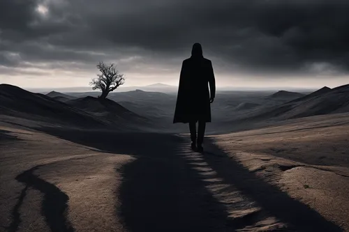 hooded man,the wanderer,conceptual photography,andreas cross,wanderer,desolation,photo manipulation,the mystical path,black landscape,cloak,photomanipulation,dark world,the path,lone warrior,desolate,pilgrimage,sleepwalker,solitary,silhouette of man,walking man,Photography,Black and white photography,Black and White Photography 07