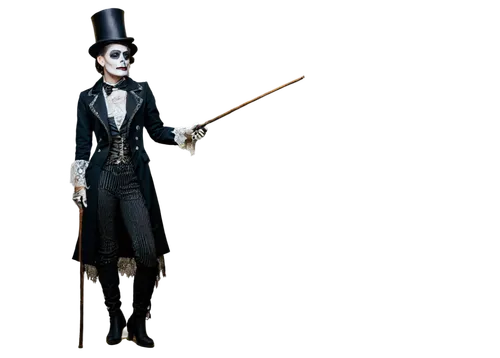 Skeleton, vintage style, Victorian era, mysterious atmosphere, black top hat, white face paint, red lips, ornate black coat, lace gloves, pocket watch, worn boots, leaning on a wooden cane, dramatic p