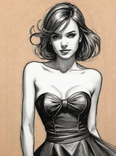 Descarga fondos de pantalla bonitos para tu dispositivo , pencil drawing of girl 
Zena Marshall
 by 
STAN LEE
 , giant perfect round fake chest, stunning slim waist, 
tight strapless dinner dress,char