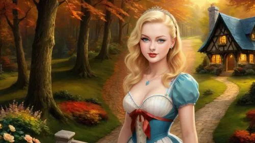 Romantic masterpiece oil painting, cute girl portrait, nostalgic 1950's style kitsch, breathtaking beautiful Autumn woods landscape, mystifying majestic fantasy forest park scenery, hidden medieval co