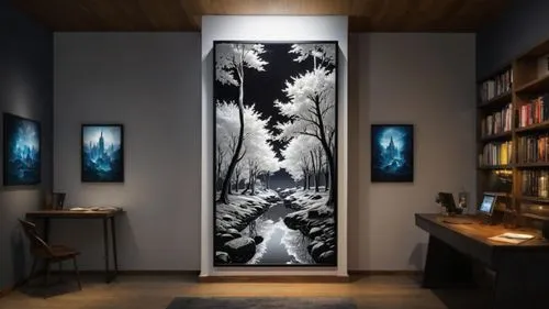 glass painting,japanese art,art gallery,japanese-style room,tapestries,gallery,marble painting,entryway,display panel,fantasy art,interior decor,display window,silhouette art,fractals art,hall of the 