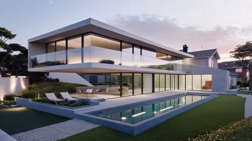 a white house with pool next to it at sunset,modern house,modern architecture,3d rendering,luxury home,dreamhouse,beautiful home,Photography,General,Realistic