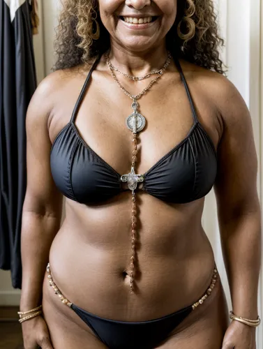 Portrait of a, South American dancer for the Pope in a brown bikini. A rosary with a crucifix hangs around her neck. Smiling cheerfully.,margolyes,gabourey,african american woman,body positivity,jogbr