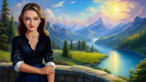 Romantic masterpiece oil painting, beautiful slim busty woman portrait, nostalgic 1950's style kitsch, standing in front of a breathtaking beautiful epic vast landscape, majestic vibrant lush wilderne