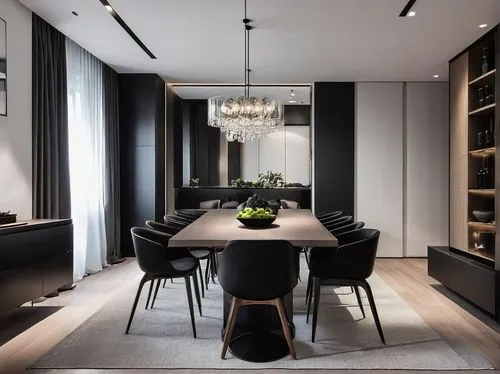 Modern minimalist, apartment in the city center, diningroom, stark color contrasts, dark tones, clean lines, exquisite design, white ceilings, black furniture, wood veneer walls, Modern minimalist, ap