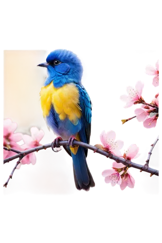 Bird, perched, colorful plumage, blue and yellow feathers, small beak, bright eyes, cherry blossom branch, pink flowers, delicate petals, morning dew, soft sunlight, 3/4 composition, shallow depth of 