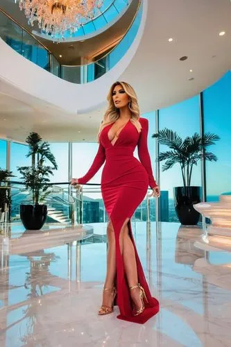 Kim Kardashian, mature lady, luxurious villa, modern architecture, sleek lines, glass walls, marble floors, grand staircase, crystal chandelier, elegant decor, lavish furnishings, glamorous makeup, bo