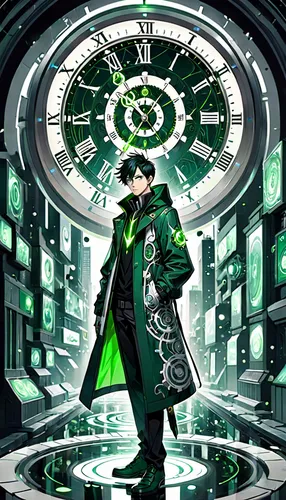 clockmaker,watchmaker,riddler,patrol,emerald,matrix,yukio,time spiral,grandfather clock,clockwork,clock,cell,umiuchiwa,clock face,green,clock hands,cyber,green background,chronometer,greed,Anime,Anime,General