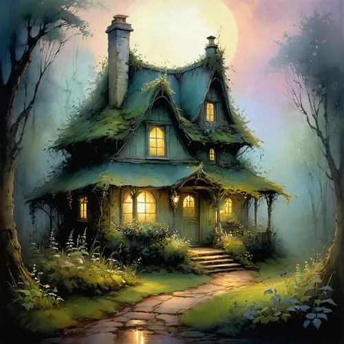 witch's house,house in the forest,lonely house,dreamhouse,witch house,house silhouette,Illustration,Realistic Fantasy,Realistic Fantasy 16