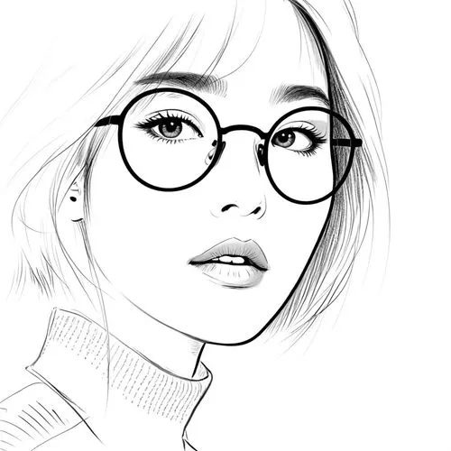 女生，，毛衣，线稿，线条艺术，简洁的线条，简约主义,an image of a woman with glasses,eyes line art,mono line art,eunjung,line art,heyne,eyeglasses,Design Sketch,Design Sketch,Rough Outline