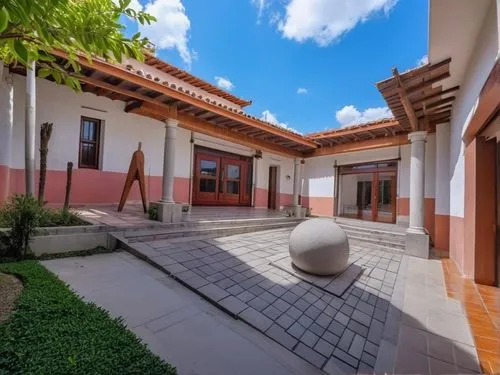 DISEÑO DE UNA CASA ESTILO MEXICANO MODERNO, CON UN CLAUSTRO CONFORMADO POR UNA TERRAZA  A BASE DE VIGAS DE MADERA, TEJA, COLUMNAS REDONDAS, EN EL CENTRO UN ESPEJO DE AGUA, CON EL ESTILO DE LA ARQUITEC