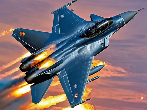 fighter jet, F-16 Fighting Falcon, MiG-29 Fulcrum, aerial dogfight, military aircraft, sleek design, jet engines, afterburners, camouflage paint, high-speed maneuver, contrails, clear sky, dynamic act