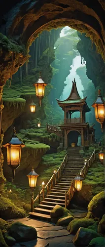 cartoon video game background,studio ghibli,fantasy landscape,japanese shrine,fairy village,ginkaku-ji,the mystical path,lanterns,fantasy picture,tsukemono,lantern,shinto shrine,theatrical scenery,japanese background,japan landscape,backgrounds,wishing well,illuminated lantern,magical adventure,fairy lanterns,Illustration,Vector,Vector 04