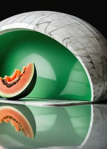 Modern melon design architecture, futuristic rounded shape, vibrant green skin, intricate texture, glossy finish, sleek lines, minimalist white background, warm softbox lighting, 3/4 composition, shal