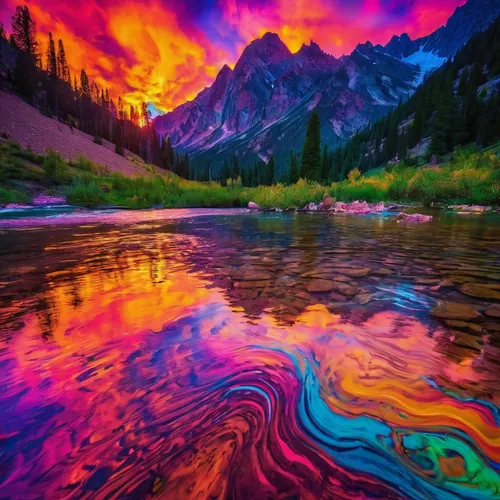 colorful water,acid lake,incredible sunset over the lake,rainbow waves,intense colours,colorful background,reflection of the surface of the water,the festival of colors,fire in the mountains,vibrant color,splendid colors,reflection in water,fallen colorful,splash of color,color fields,dye,fire and water,colorful light,colorful glass,harmony of color,Conceptual Art,Oil color,Oil Color 23