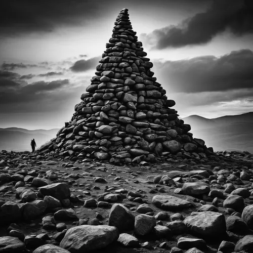 In a post-apocalyptic wasteland, a group of survivors stumble upon a towering stack of rocks with a cryptic message carved into it.,stone pyramid,cairn,chambered cairn,rock cairn,ring of brodgar,whern