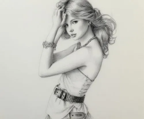 女生，黑白，素描，手链，项链，腰带,this is a pencil drawing of a beautiful girl,pencil drawings,pencil drawing,charcoal drawing,pin-up girl,vintage drawing,pin-up model,Illustration,Black and White,Black and White 30