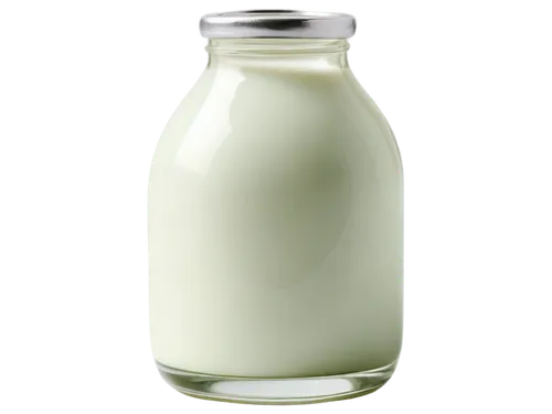 Glass bottle, milk, white liquid, transparent glass, rounded shape, narrow neck, silver cap, reflection on glass, subtle highlights, soft focus, warm lighting, 3/4 composition, shallow depth of field,