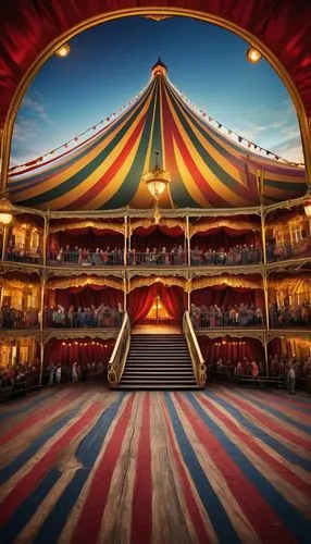 Big top circus tent, colorful striped fabric, golden ropes, majestic entrance, grand staircases, intricate ironwork, vintage lanterns, ornate balconies, red curtains, luxurious VIP boxes, spotlights s