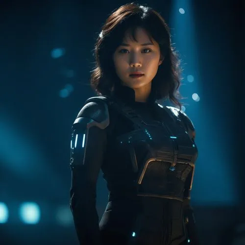 an asian sci-fi movie scene,woman standing in spotlight wearing futuristic outfit,katniss,asako,utada,asami,atsuko,haeju,Photography,General,Cinematic