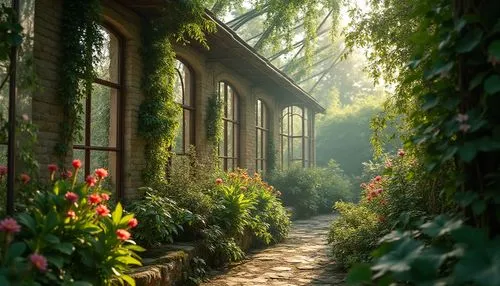 Exquisite greenhouse, lush greenery, vibrant flowers, delicate vines, intricate wooden structure, vintage metal frames, soft natural light, warm atmosphere, misty morning, dew drops on leaves, botanic