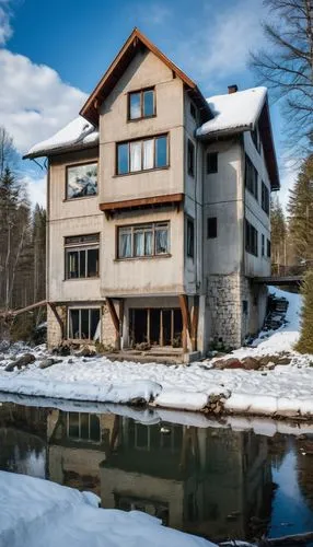 house with lake,house in mountains,water mill,house in the mountains,winter house,chalet,house by the water,auwaldsee,swiss house,old mill,luxury property,half-timbered,log home,cottagecore,timber house,surselva,avalanche protection,new england style house,vermont,vail,Photography,General,Realistic